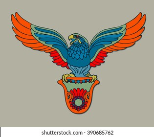 Vector illustration of stylized flying eagle. Eagle with ribbon. Eagle shield. Hand drawing style of eagle. Coat of arms, crest. Eagle with shield crest badges. Design element, sign, symbol, badge. 