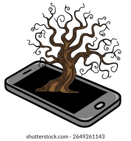 Ilustração vetorial de uma árvore marrom retorcida e estilizada emergindo de uma tela de smartphone, representando a interconectividade da natureza e da tecnologia.