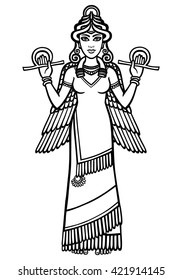 Vector illustration: the stylized goddess Ishtar. Character of Sumerian mythology. Full growth. The black silhouette isolated on a white background.