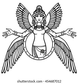 Vector illustration: the stylized goddess Ishtar. Character of Sumerian mythology. The black silhouette isolated on a white background. 