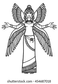  Vector illustration: the stylized goddess Ishtar. Character of Sumerian mythology. Full growth. The black silhouette isolated on a white background. 