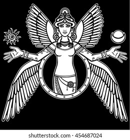 Vector illustration: the stylized goddess Ishtar. Character of Sumerian mythology. The  white silhouette isolated on a black  background. 