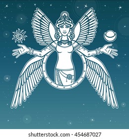  Vector illustration: the stylized goddess Ishtar. Character of Sumerian mythology.  Angel, queen, idol, mythical character.  Background - the night star sky.