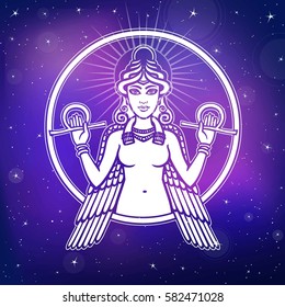 Vector illustration: stylized goddess Ishtar. Character of Sumerian mythology. Angel, queen, idol, mythical character. Background - the night star sky.