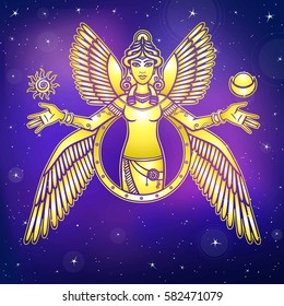 Vector illustration: stylized goddess Ishtar. Character of Sumerian mythology. Angel, queen, idol, mythical character. Background - the night star sky. Gold imitation.