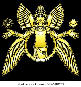 Vector illustration: stylized goddess Ishtar. Character of Sumerian mythology.  Gold imitation. Yellow drawing isolated on a black background. Print, poster, card, t-shirt.