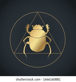 Vector illustration of stylized golden scarab bug in triangle inside circle occult sign on black background. Graphic print. Sacred symbol. Abstract mystic sign.