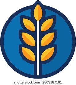 Vector illustration of a stylized golden wheat ear icon in a blue circle on an orange background, ideal for agricultural branding.