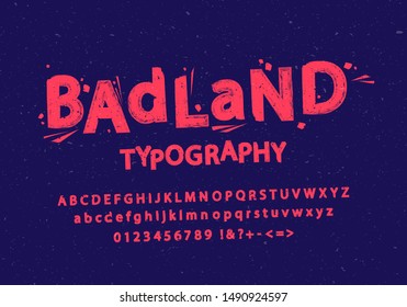 Vector illustration of stylized grunge and cracked font. Alphabet and numbers.