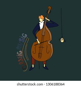 Vector illustration. Stylized guy playing the cello. Doodle style sketch.
