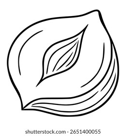 Vector illustration of a stylized halved hazelnut, featuring bold black lines and a unique, flowing design, perfect for culinary or abstract projects.
