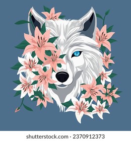 Vector illustration, stylized head of a white wolf with blue eyes in elegant lily flowers.
