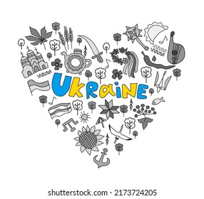 
Ilustración vectorial estilizó el corazón al estilo doodle con símbolos de Ucrania. Conjunto de elementos.	