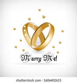 Vector illustration. Stylized heart with wedding rings on vignette background.  Golden heart with lettering Marry Me! Decoration with glitter effect.