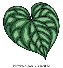 A vector illustration of a stylized heart-shaped leaf with a unique textured pattern, showcasing rich green hues and bold outlines, ideal for design projects needing a touch of nature.