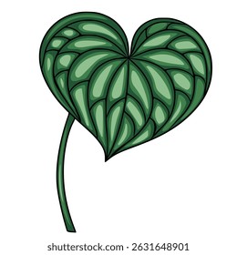 Vector illustration of a stylized heart-shaped leaf with intricate green patterns and a slender stem, perfect for botanical designs and eco-themed projects.