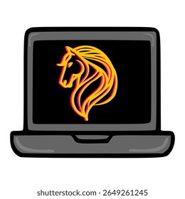 A vector illustration of a stylized horse head displayed on a laptop screen, showcasing a bold graphic design with vibrant yellow and magenta accents against a black background.