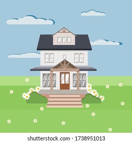 Ilustración vectorial. Casa estilizada en tonos grises de estilo plano. Gráficas planas de una casa de campo de dos plantas sobre un césped verde con margaritas en un día de verano.
