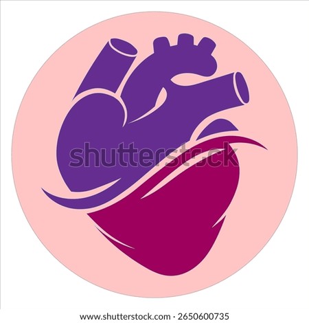 Vector illustration of a stylized human heart in purple and pink tones, displayed in a circular design. Modern, abstract, and medical-themed artwork