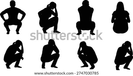 Vector illustration of stylized human silhouettes in squatting and seated poses symbolizing posture, identity, culture, and education