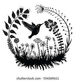 Vector illustration. Stylized hummingbird drinking nectar from the flower. Exotic bird flying in the field grass. Ornamental plants in a circle. Line art. Black and white drawing. Tattoo. Silhouette.