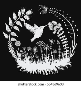 Vector illustration. Stylized hummingbird drinking nectar from the flower. Exotic bird flying in the field grass. Dekrativnye plants in a circle. Line art. Black and white drawing. Tattoo.