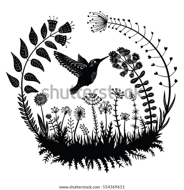 ベクターイラスト ハチドリが花から蜜を飲む様式 野草の中を飛ぶエキゾチックな鳥 丸い背景に観賞植物 ラインアート 白黒の絵 タトゥー シルエット のベクター画像素材 ロイヤリティフリー