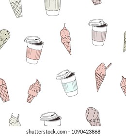 Vector illustration. Stylized ice cream and coffee cup print. Element of seamless pattern . Cute vector objects. Fabric design.