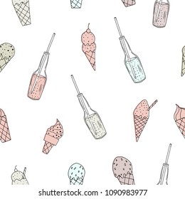 Vector illustration. Stylized ice cream and bottles of soda print. Element of seamless pattern . Cute vector objects. Fabric design.