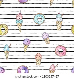 Vector illustration. Stylized ice cream and doughnuts on striped background . Print design. Cute vector objects. Element of seamless pattern.