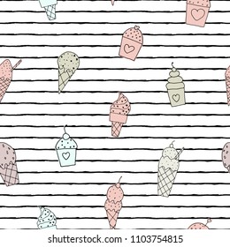 Vector illustration. Stylized ice cream and cakes on striped background . Element of seamless pattern . Cute vector objects.