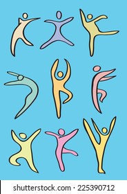 Vector illustration of stylized icon of dancers doing contemporary dance moves. Colorful icon Set isolated on blue background