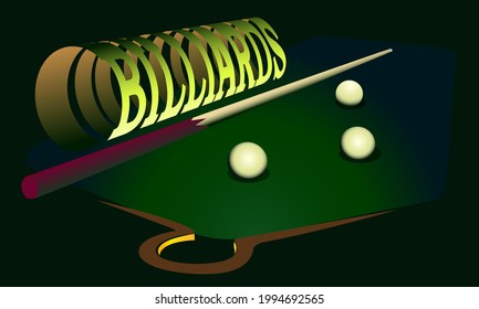 vector illustration with a stylized image of a billiard table, cue and balls with the inscription billiards for the decoration of billiard rooms, bars, clubs and other themed rooms