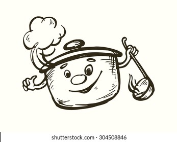 Vector illustration of a stylized image of the pan with a ladle. Hot soup.