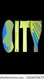 vector illustration with a stylized image of the word city in the background of high-rise buildings for prints on banners, postcards, walls and for creating other illustrations and interior design