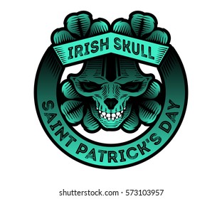 Vector illustration with stylized irish skull, shamrock and Saint Patrick's Day. Isolated black and green on white background