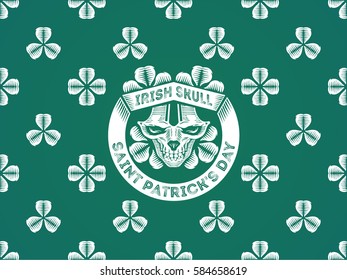 Vector illustration with stylized irish skull, shamrock and Saint Patrick's Day. Isolated white elements on green pattern background