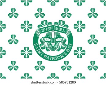 Vector illustration with stylized irish skull, shamrock and Saint Patrick's Day. Isolated green elements on white seamless pattern background