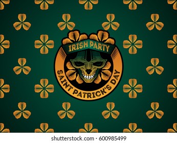Vector illustration with stylized irish skull, shamrock and Saint Patrick's Day. Isolated black, green and yellow on green pattern background
