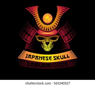 Vector illustration with stylized japanese skull in warrior helmet