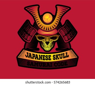 Vector illustration with stylized japanese skull in warrior helmet. Isolated on red background
