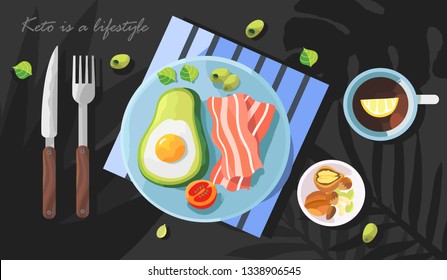 Vector illustration of a stylized ketogenic breakfast on a black background. Summer theme. Creative concept for a banner, landing page, flyer, blog post or poster.