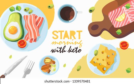 Vector illustration of a stylized ketogenic breakfast. Creative concept for a banner, landing page, flyer, blog post or poster.