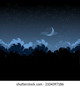 Vector illustration of a stylized landscape with trees. In the style of minimalism and retro, the technique of primitivism is executed.