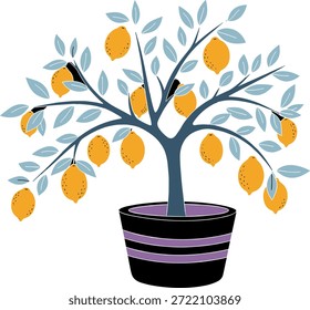 Ilustración vectorial de árbol de limón estilizado en maceta, boceto colorido para decoración botánica Ilustración vectorial de árbol de limón estilizado en maceta, boceto colorido para decoración botánica
