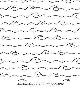 Vector illustration with stylized linear sea wave. Seamless pattern of black sea waves on white background