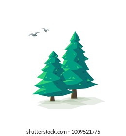 Vector illustration of stylized low poly triangular green conifer trees isolated on white background. Little birds flying around.
