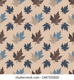 Vector illustration of stylized maple leaves in grey, brown, tan, indigo and cream. Seamless pattern for gifts, posters, flyers, wallpaper, textile, fabric and scrapbooking.