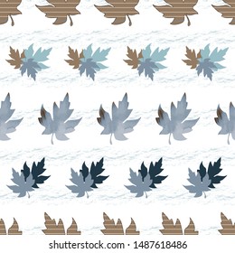 Vector illustration of stylized maple leaves in grey, brown, tan, indigo and cream on white background. Seamless pattern for gifts, posters, flyers, wallpaper, textile, fabric and scrapbooking.