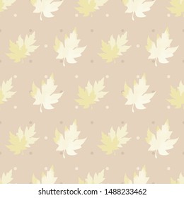 Vector illustration of stylized maple leaves in lime, brown, tan, indigo and cream on neutral dotted background. Seamless pattern for gifts, posters, flyers, wallpaper, textile, fabric, scrapbooking.